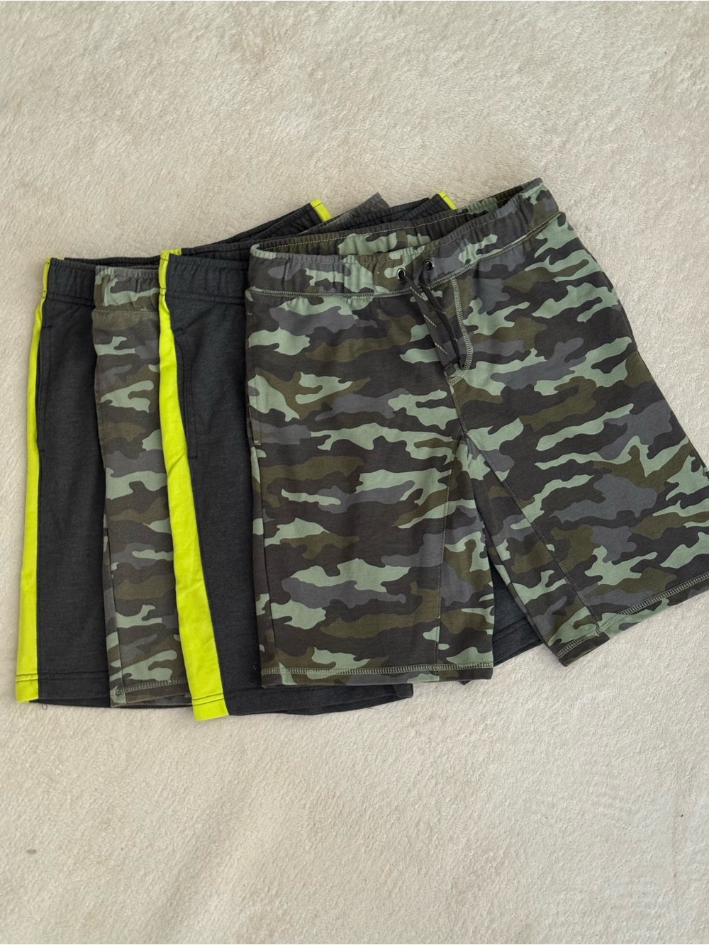 4-Pack Cat & Jack Camo and Dark Olive Shorts with Yellow Trim, Size L (12/14)